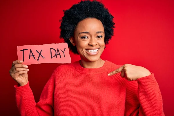 Young African American Afro Woman Curly Hair Holding Paper Tax — Stok fotoğraf