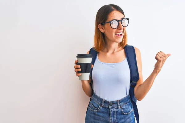 Beautiful Redhead Student Woman Wearing Backpack Drinking Take Away Coffee — Stok fotoğraf