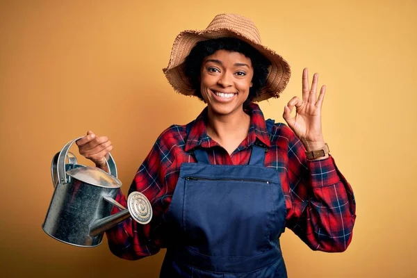 Young African American Farmer Woman Curly Hair Wearing Apron Hat — ストック写真