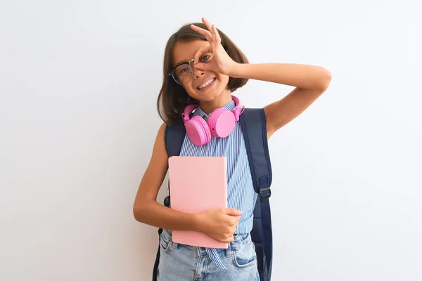 Student Child Girl Wearing Backpack Glasses Book Headphones Isolated White — 스톡 사진