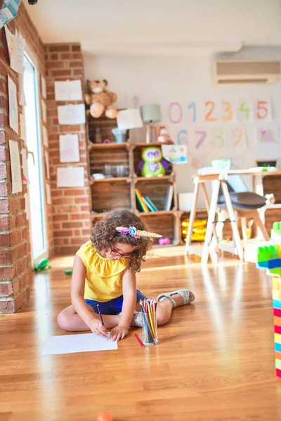 Beautiful Toddler Wearing Glasses Unicorn Diadem Sitting Floor Drawing Using — 스톡 사진