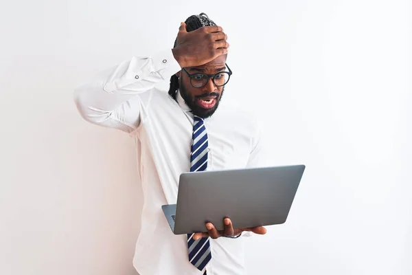 African American Businessman Braids Using Laptop Isolated White Background Stressed — Stockfoto