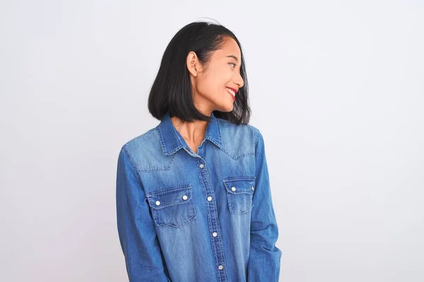 Young Beautiful Chinese Woman Wearing Denim Shirt Standing Isolated White — 스톡 사진