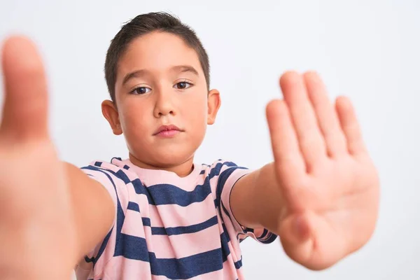 Beautiful Kid Boy Wearing Casual Striped Shirt Make Selfie Isolated — Stok fotoğraf