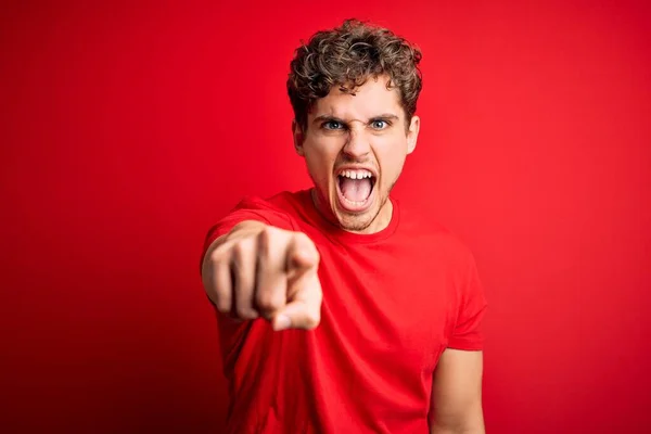 Young Blond Handsome Man Curly Hair Wearing Casual Shirt Red — 스톡 사진