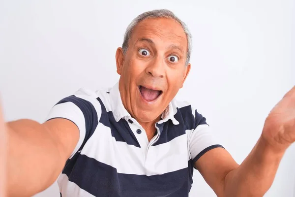 Senior Grey Haired Man Wearing Striped Polo Make Selfie Isolated — ストック写真