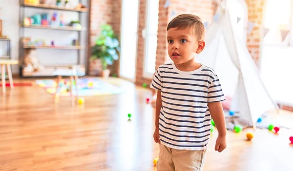 Beautiful Toddler Boy Standing Kindergarten Lots Toys — Stock Photo, Image