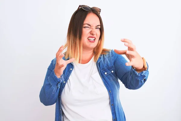 Beautiful Woman Wearing Denim Shirt Standing Isolated White Background Shouting — Stok fotoğraf