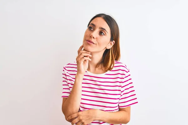 Beautiful Redhead Woman Wearing Casual Striped Pink Shirt Isolated Background — 스톡 사진