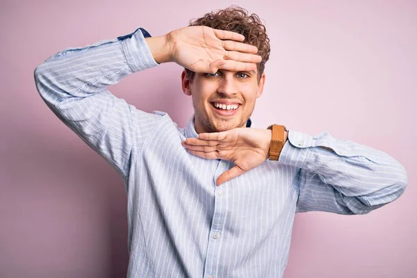 Young Blond Handsome Man Curly Hair Wearing Striped Shirt White — 스톡 사진