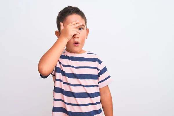 Beautiful Kid Boy Wearing Casual Striped Shirt Standing Isolated White — Stock Photo, Image