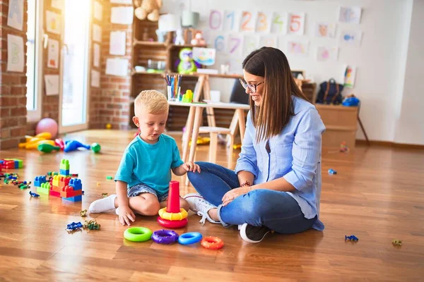 Young Caucasian Child Playing Playschool Teacher Mother Son Playroom Intelligence — Stock Photo, Image