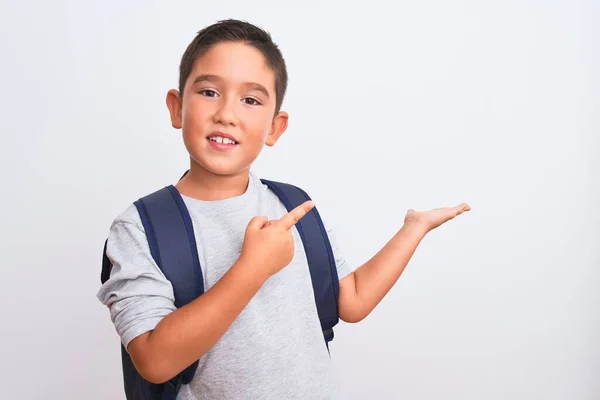 Beautiful Student Kid Boy Wearing Backpack Standing Isolated White Background — Stok fotoğraf