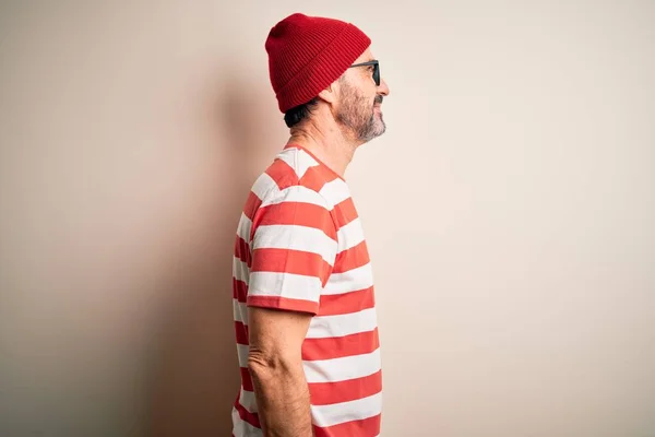 Middle Age Hoary Man Wearing Striped Shirt Glasses Cap Isolated — Stok fotoğraf