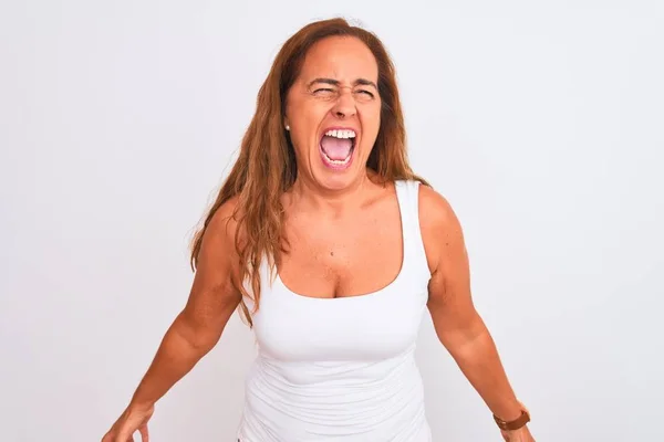 Middle Age Mature Woman Standing White Isolated Background Angry Mad — ストック写真