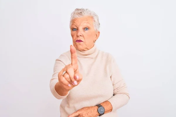 Senior Grey Haired Woman Wearing Turtleneck Sweater Standing Isolated White — 图库照片