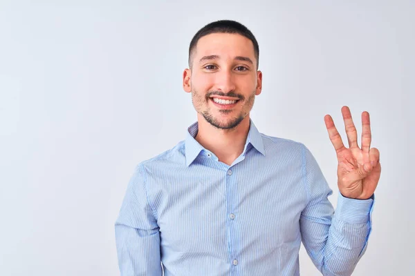 Joven Hombre Negocios Guapo Pie Sobre Fondo Aislado Mostrando Señalando — Foto de Stock