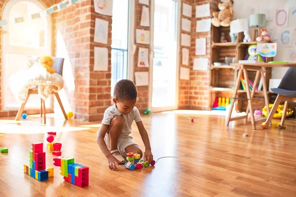 Beautiful African American Toddler Playing Wooden Blocks Train Toy Lots — Stock Photo, Image