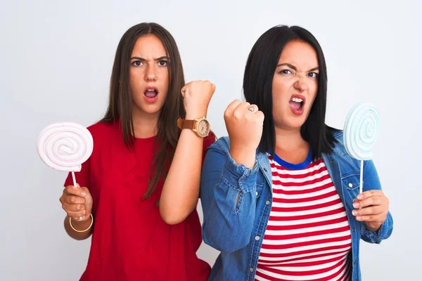 Young Beautiful Women Holding Sweet Lollipop Standing Isolated White Background — Stock Photo, Image