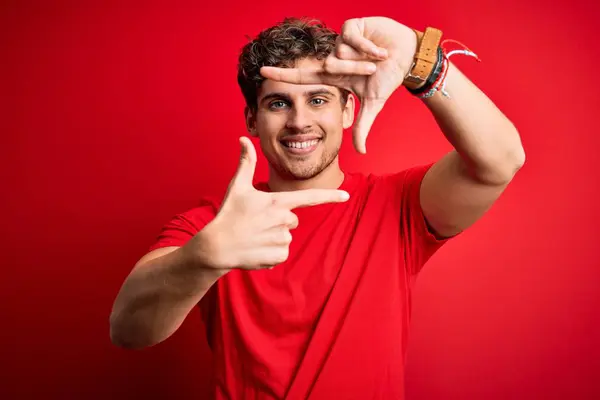 Young Blond Handsome Man Curly Hair Wearing Casual Shirt Red — Stok fotoğraf