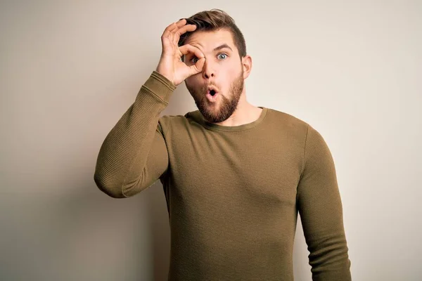 Young Blond Man Beard Blue Eyes Wearing Green Sweater White — 스톡 사진