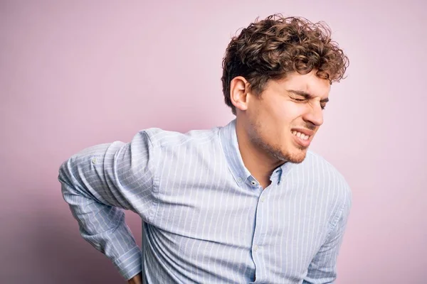 Young Blond Handsome Man Curly Hair Wearing Striped Shirt White — Stock Photo, Image