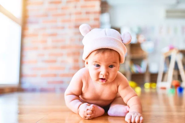Adorable Baby Lying Sofa Home Newborn Wearing Fanny Hat Relaxing — Stock Photo, Image