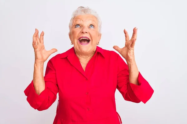 Senior Grey Haired Woman Wearing Red Casual Shirt Standing Isolated — Stockfoto