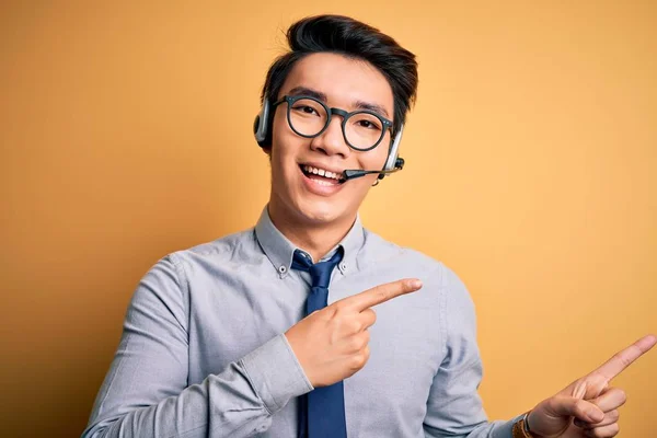 Young Handsome Chinese Call Center Agent Man Wering Glasses Using — Stock Photo, Image