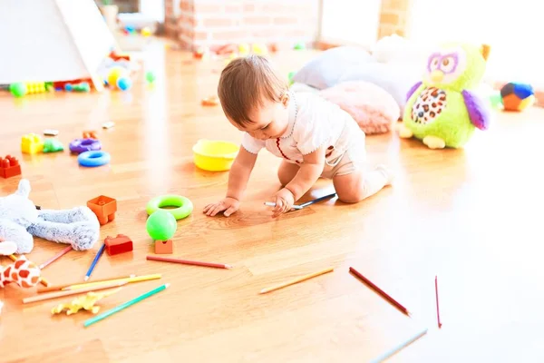 Adorable Toddler Crawling Lots Toys Kindergarten — Stock Photo, Image