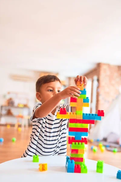 Beautiful Toddler Boy Playing Construction Blocks Kindergarten — Stock Photo, Image
