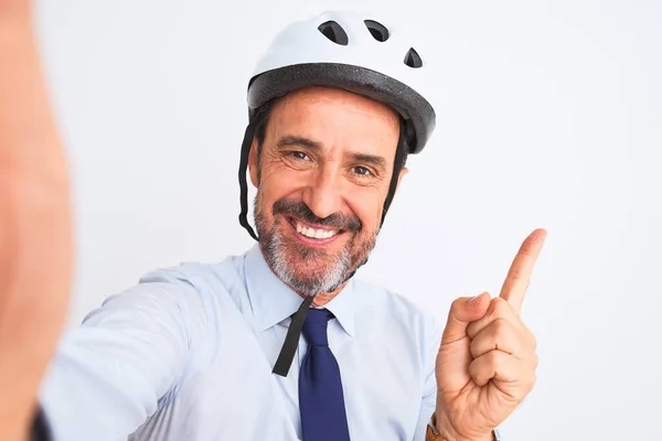 Middle Age Businessman Wearing Bike Helmet Make Selfie Isolated White — Stock Photo, Image