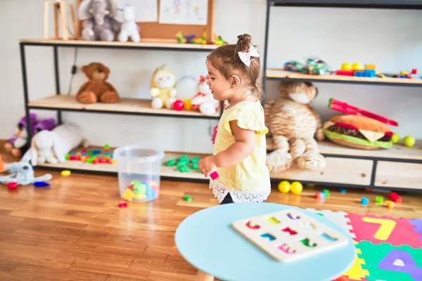 Beautiful Toddler Playing Building Wooden Blocks Toys Kindergarten — Stock Photo, Image