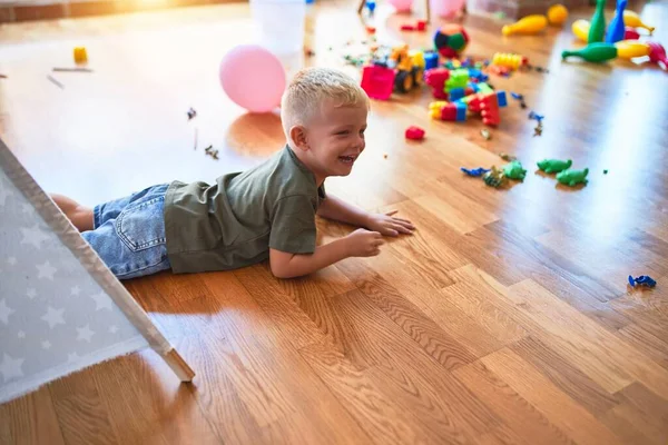 Young Caucasian Kid Playing Kindergarten Teepee Preschooler Boy Happy Playroom — Stock Photo, Image