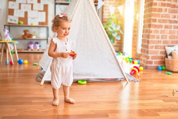 Beautiful Caucasian Infant Playing Toys Colorful Playroom Happy Playful Kindergarten — Stock Photo, Image
