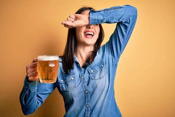 Young Woman Blue Eyes Drinking Jar Beer Standing Isolated Yellow — Stock Photo, Image