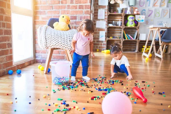 Adorable Toddlers Playing Building Blocks Toy Kindergarten — Stock Photo, Image