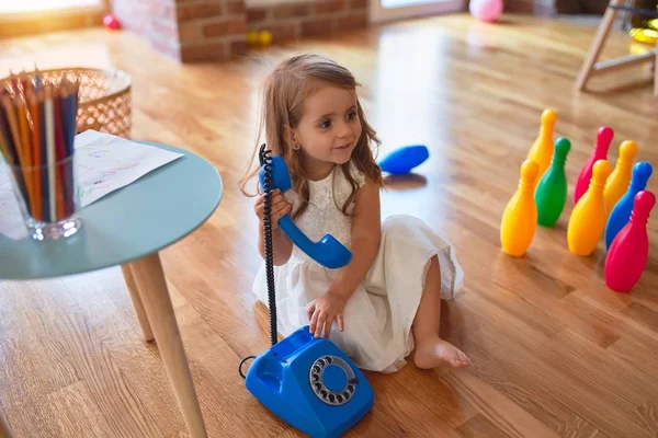 Adorable Blonde Toddler Playing Vintage Telephone Sitting Floor Lots Toys — Stock Photo, Image