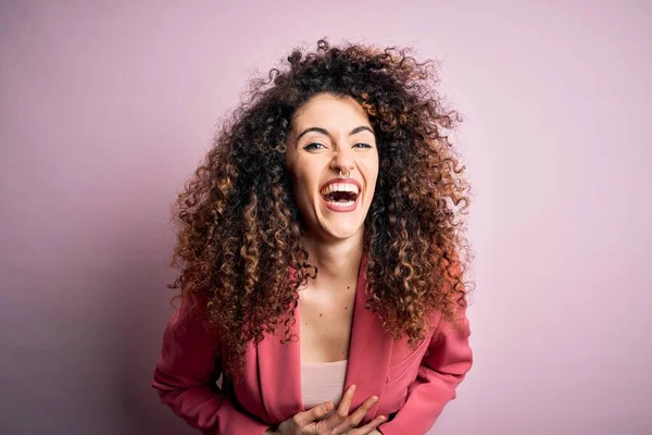 Young Beautiful Businesswoman Curly Hair Piercing Wearing Elegant Jacket Smiling — Stock Photo, Image