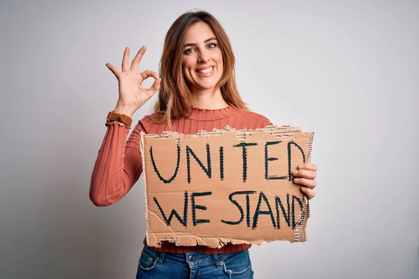 Beautiful Brunette Woman Holding Banner United Stand Lettering — Stockfoto