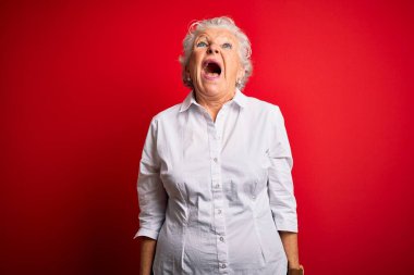 Zarif bir gömlek giyen son sınıf güzeli kırmızı arka planda dikiliyor kızgın ve öfkeli çığlıklar atıyor, öfkeyle bağırıyor. Öfke ve agresif kavram.