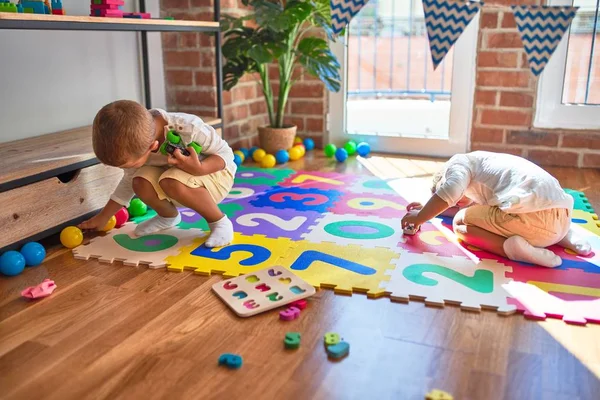 Adorable Blonde Twins Playing Cars Lots Toys Kindergarte — Stock Photo, Image