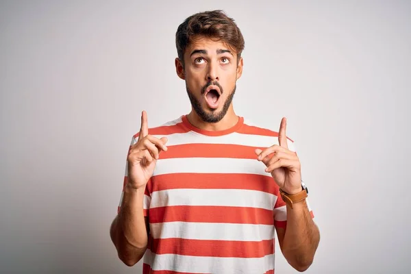 Young Handsome Man Beard Wearing Striped Shirt Standing White Background — Stock Photo, Image