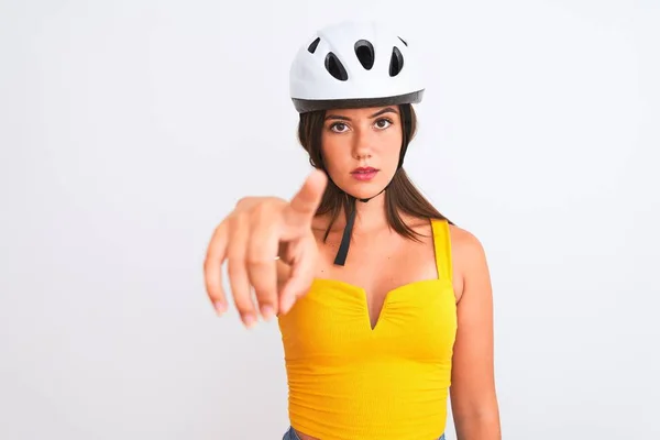 Jong Mooi Fietser Meisje Dragen Fiets Helm Staan Geïsoleerde Witte — Stockfoto