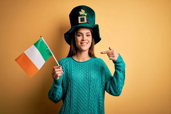 Красивая Женщина Зеленой Шляпе Празднует День Святого Патрика Держа Ирландский — стоковое фото