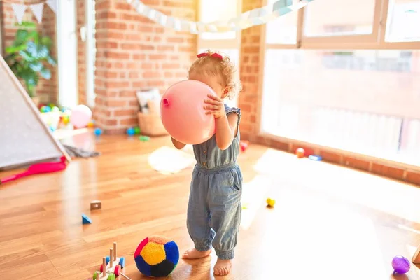 Beautiful Caucasian Infant Playing Toys Colorful Playroom Happy Playful Pink — Stock Photo, Image