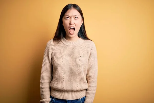 Young Beautiful Asian Woman Wearing Casual Sweater Yellow Isolated Background — Stock Photo, Image