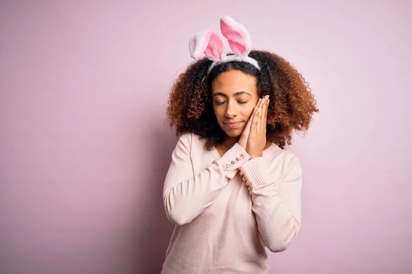 Young African American Woman Afro Hair Wearing Bunny Ears Pink — ストック写真