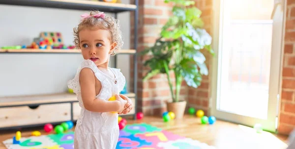 Beautiful Caucasian Infant Playing Toys Colorful Playroom Happy Playful Wth — Stock Photo, Image