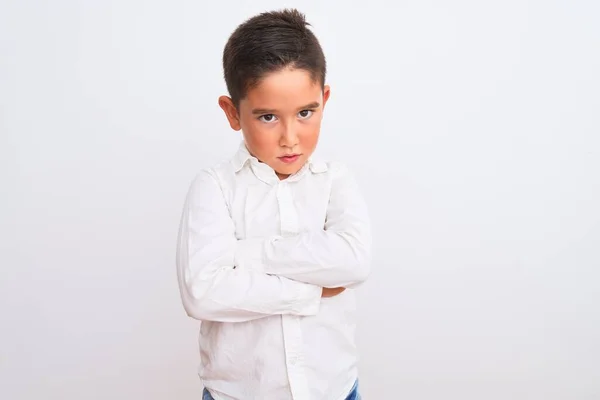 Menino Bonito Vestindo Camisa Elegante Sobre Fundo Branco Isolado Cético — Fotografia de Stock